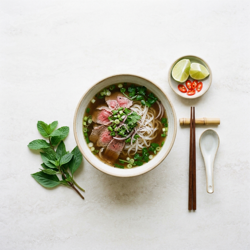 A minimalist gourmet bowl of northern beef pho with fresh green herbs